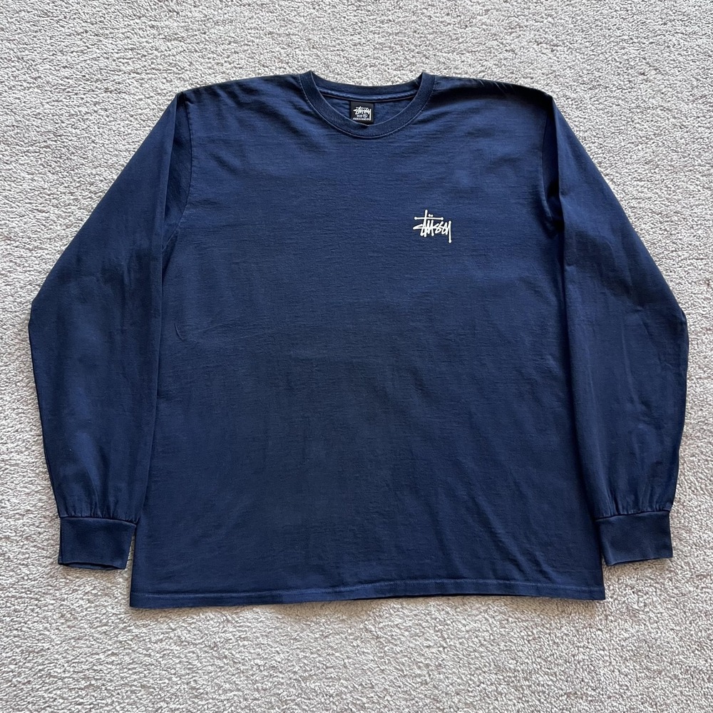 Stussy Stock Logo Long Sleeve Shirt Mens XL Navy Blue Graphic Tee Streetwear